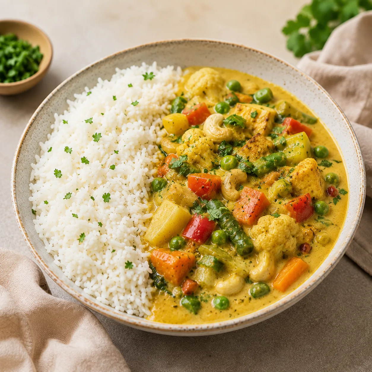 Veganes Korma-Curry mit Basmati-Reis