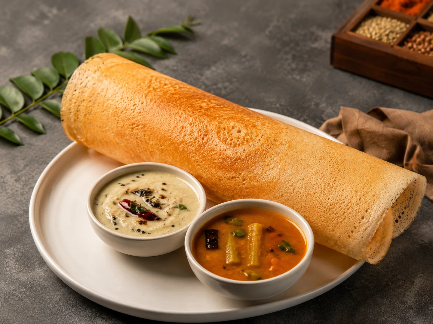Plain Dosa mit Sambar und Kokos-Chutney