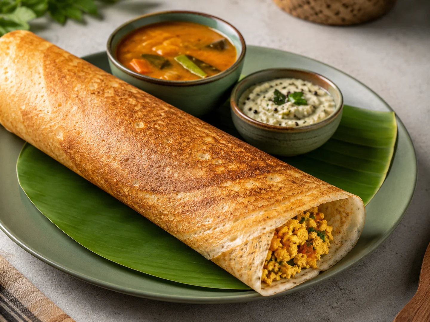 Protein Dosa mit Sambar und Kokos-Chutney