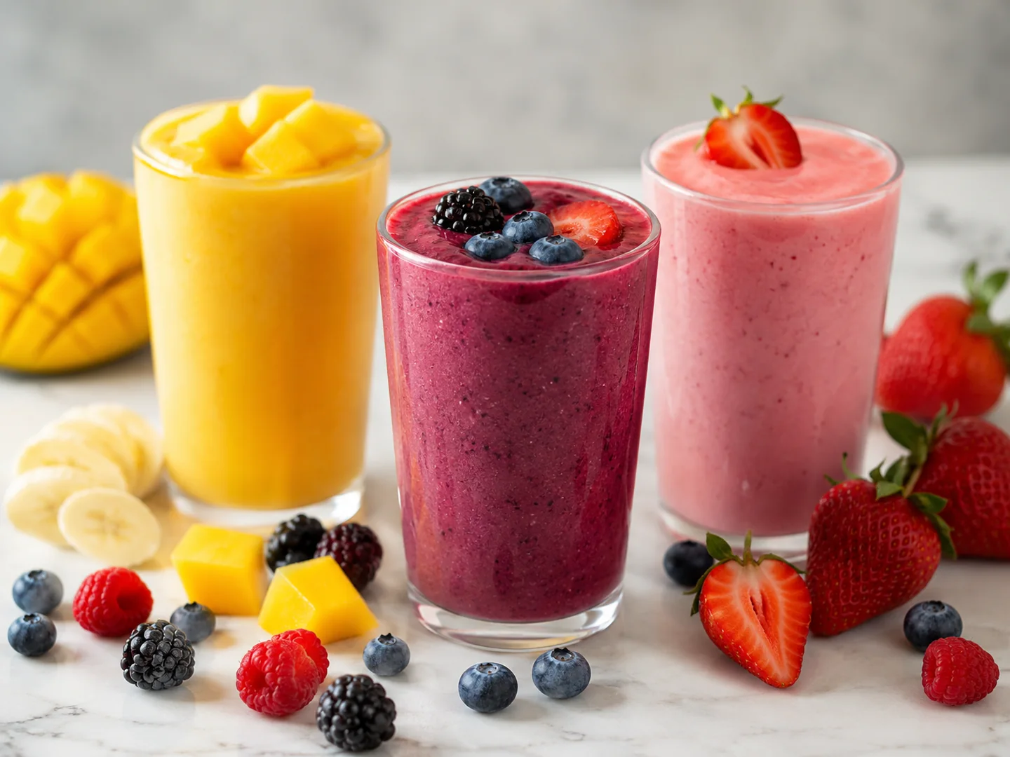 Frische Mango-, Beeren- und Erdbeer-Smoothies