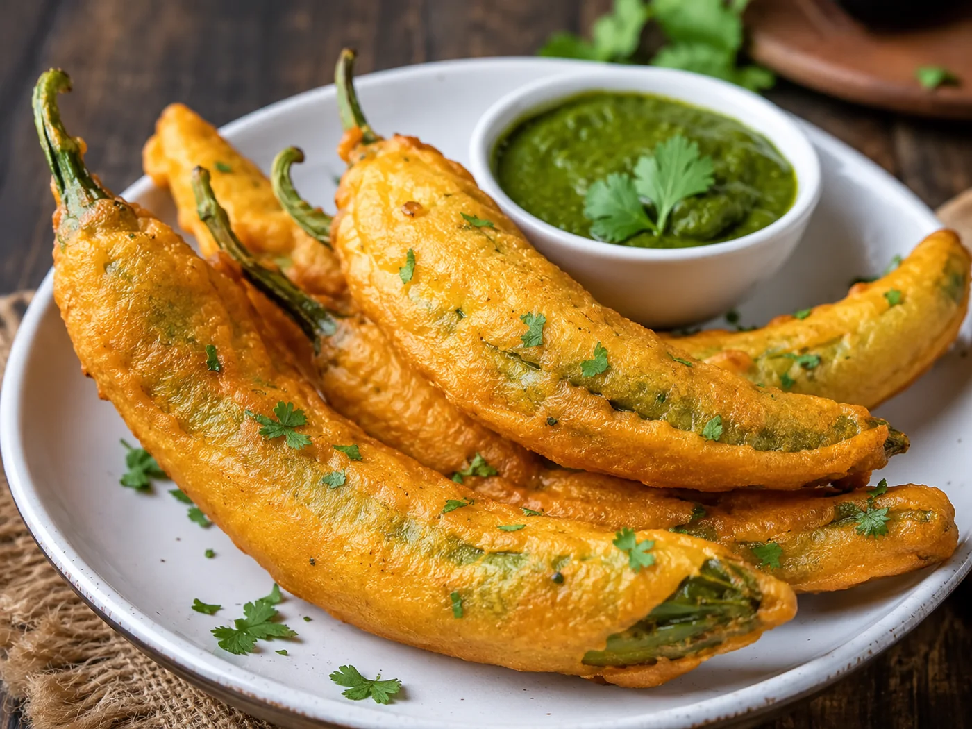 Knusprige Mirchi Vada mit grünem Chutney