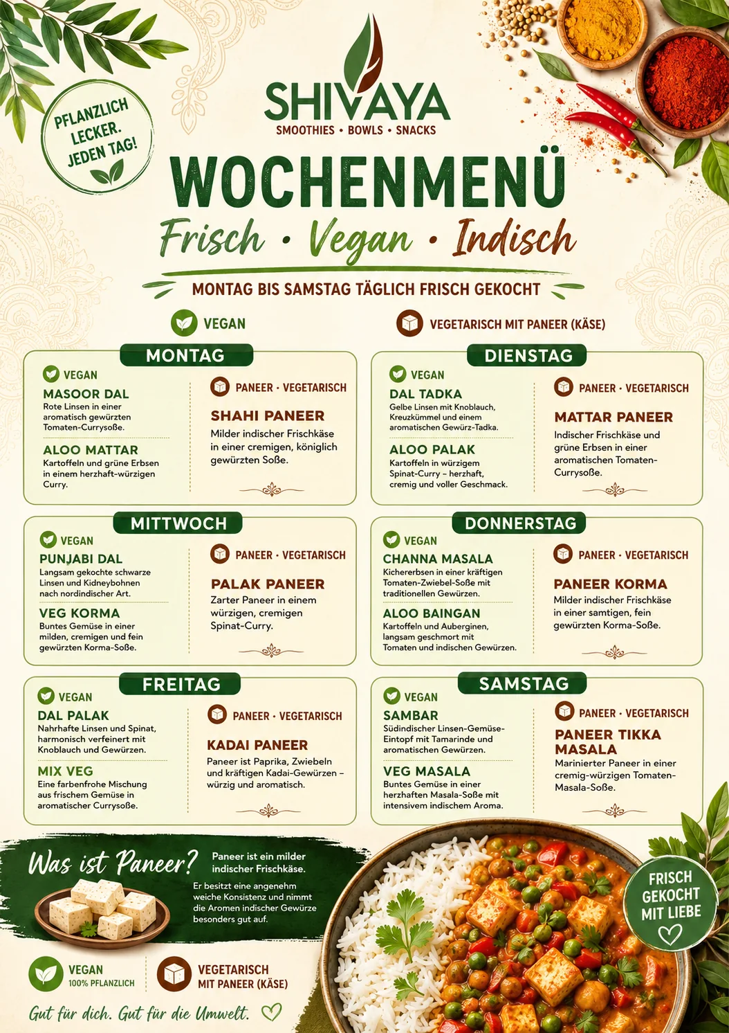 Gedrucktes SHIVAYA Wochenmenü
