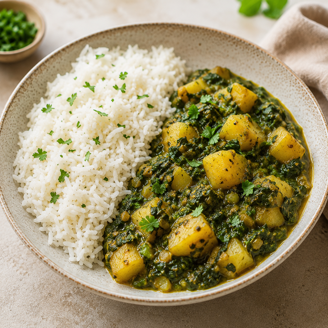 Aloo Palak mit Basmati-Reis